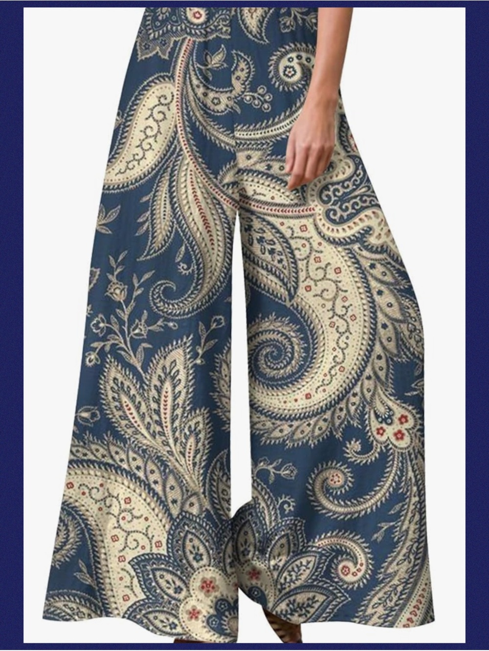 Wide-Leg Paisley Palazzo Pants - Navy Cream